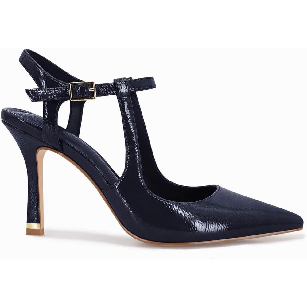 Coutgo Women's Navy Pointed Toe Ankle Strap Patent Leather Stiletto High Heels - Picture 4 of 5